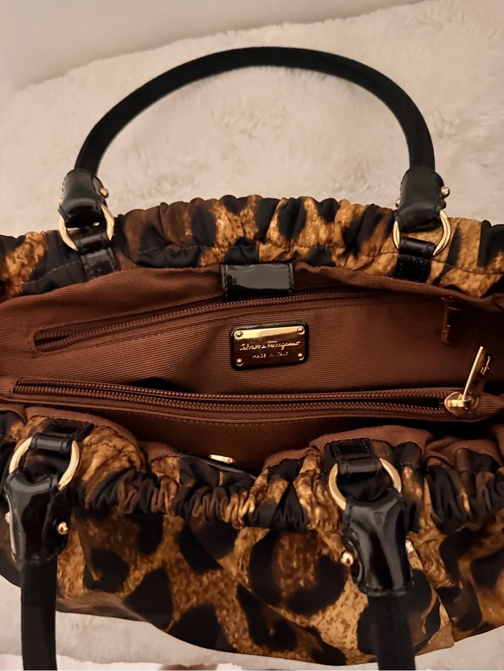 Salvatore Ferragamo Leopard Print Tote in Tan and Black